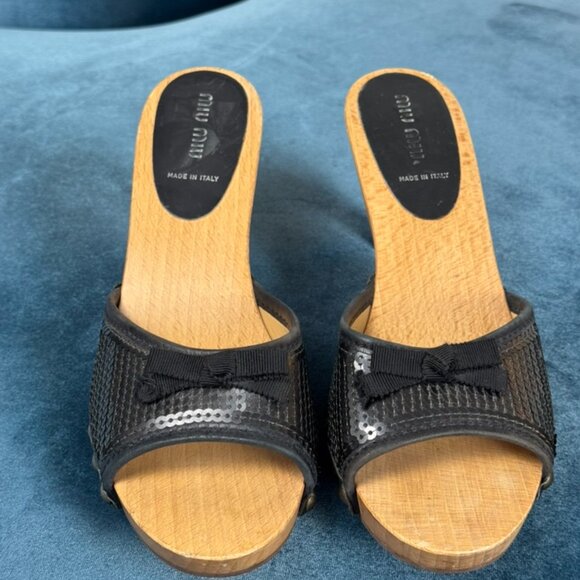 Miu Miu Y2K Sequin Bow Wooden Clog Heel Mules size 39/8.5 - Picture 3 of 9